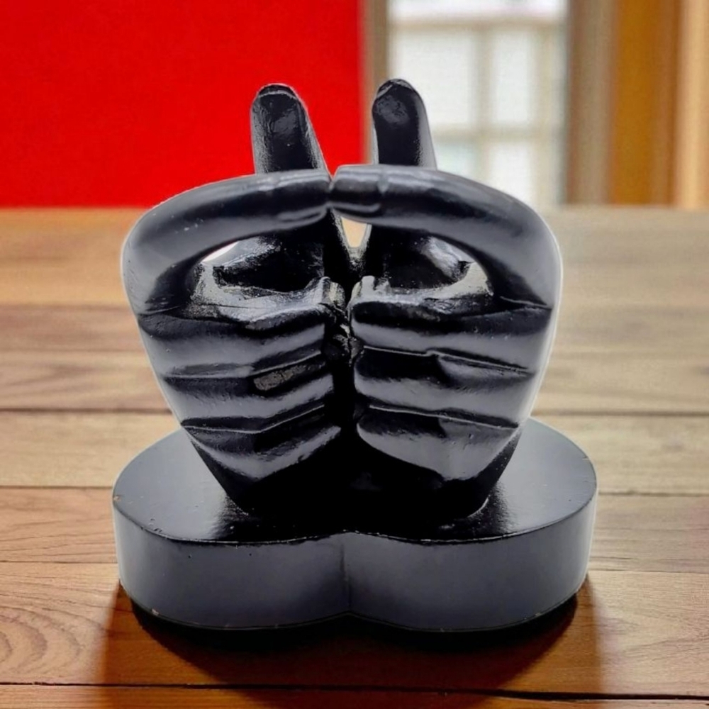 Black Heart And Hand Business Card Holder Gesture Sculpture